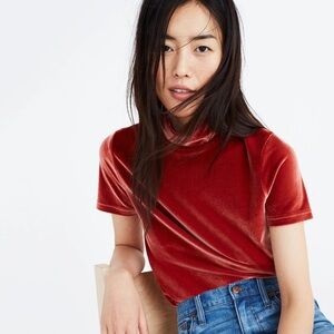Madewell Velvet Short Sleeve Mock Neck Top in Rust size Large